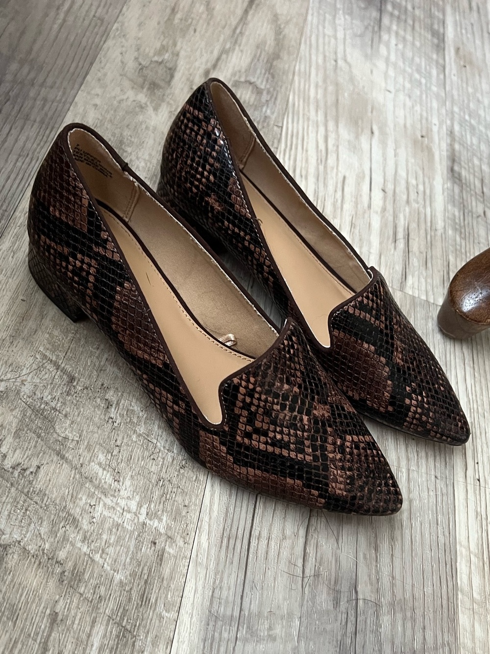 Express women’s heeled snakeskin loafers